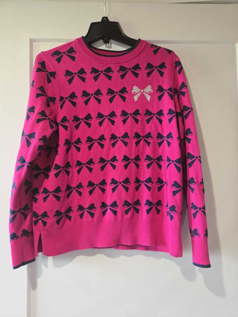 Charter Club Hot Pink Crewneck Sweater with Navy Bow Pattern and Silver Accent